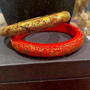 Hand Painted Oriental Wooden Bangles.Gold One Has Birds.Beautiful Unique Bangles